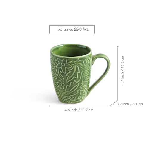 Image of ExclusiveLane 'Green Flora' Ceramic Coffee Mugs Set of 6 (Set of 6, 290 ml, Microwave and Dishwasher Safe, Hand-Embossed) | Ceramic Coffee Mug Coffee Cup Set of 6 Tea Mugs Set Tea Cups Ceramic Mugs