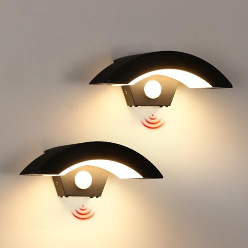 Comely 2 Piezas Aplique Pared Exterior con Sensor de Movimiento, 12W Moderno Lámpara de Pared Exterior LED, IP65 Impermeable Luz de Pared para Terraza Jardines Entrada Garaje, 3000K, Negro