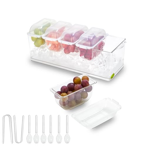 Dulzstud Ice Chilled Condiment Caddy with 5 Containers Server with Lids Serving Trays for Parties, Bar Accessories, Fruit, Salad, Taco, Garnish Tray