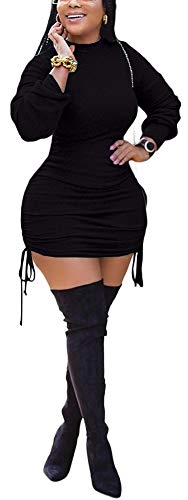 BFFBABY Women Sexy Winter Club Ruched Long Sleeve Drawstring Mini Bodycon Dress