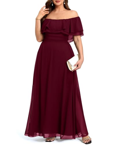 Image of Pinup Fashion Plus Size Formal Bridesmaid Wedding Guest Chiffon Long Dress | Chiffon, off-the-shoulder neckline, layered ruffles, ruched elastic waist, floor-length, evening party, wedding guest