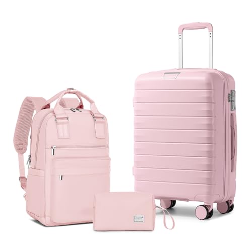 Image of LARVENDER Carry On Luggage 22x14x9 Airline Approved, Suitcases with Wheels | Hardside PP Carry On Suitcase with Backpack, Luggage Sets for Women Men, TSA Lock, Light Pink