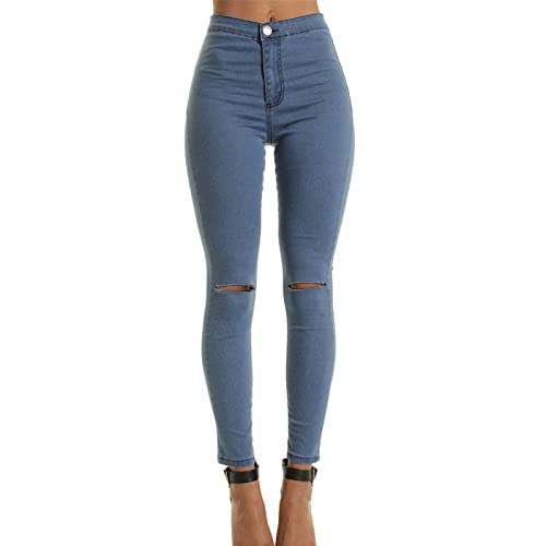 Women High Waist Ripped Skinny Jeans Distressed Butt Lift Pencil Denim Pants Slim Fit Washed Stretch Jean Trousers (Blue,X-Large)