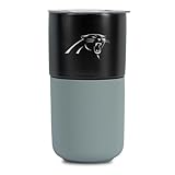 Rico Industries NFL Carolina Panthers 16oz Black Ceramic Tumbler with Gray Silicone Grip, Deep Laser Engraved Logo, Travel Coffee Mug with Slide Lid, Matte Glaze