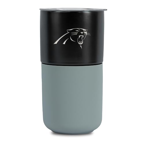 Rico Industries NFL Carolina Panthers 16oz Black Ceramic Tumbler with Gray Silicone Grip, Deep Laser Engraved Logo, Travel Coffee Mug with Slide Lid, Matte Glaze