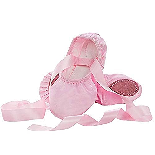 WENDYWU Girls Ballet Dance Shoes Purple Flat Slipper with Ribbon (Pink, 13C)