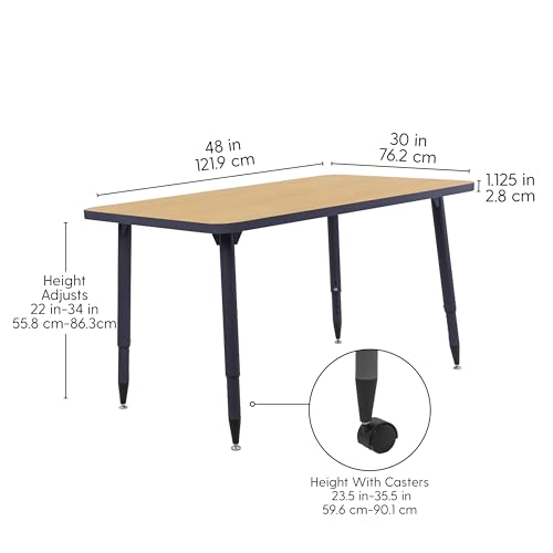 Image of Adapte Commercial Classroom Activity Table - 30 inch x 48 inch Rectangle, ADA Compliant Tapered Legs with Glides & Casters, Adjustable Height 22-34 inch Wheelchair Accessible, School & Office Furniture