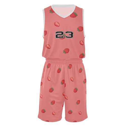 FLildon Strawberry Red Boys Basketball Jersey Set Tank Top Shorts Tracksuit Sport Training Suit for Kids, XL