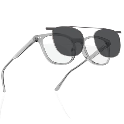 Image of DEHOTRE Non Prescription Glasses Eyeglasses Men with Magnetic Clip On TAC Polarized Sunglasses Acetate Frame Clear Lens Grey