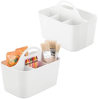 mDesign Practical Desk Organiser - Set of 2 - Craft Organiser Box for Sewing Utensils, Art Supplies and Crayons - Portable Pen Holder with 4 Compartments Made of Plastic - White