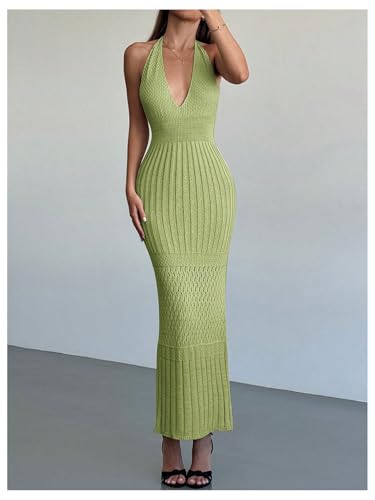 Image of GORGLITTER Women's Crochet Dress Halter Backless Bodycon Deep V Neck Long Knit Maxi Dresses Summer Beach Outfits 2026