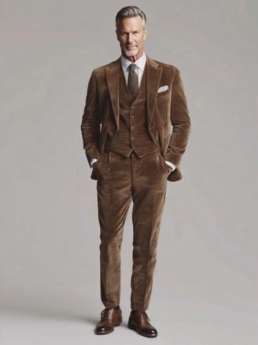 VENNYNG Men's 3 Piece Suits Corduroy Jacket Pants Vest Set Male Chic Single Breasted Blazer Outfit3