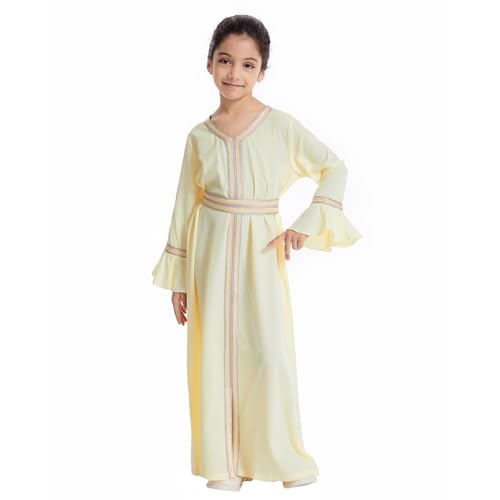 Generic Kids Girls Long Sleeve Kaftan Maxi Prayer Clothes Muslim Dresses Abaya Baby (Yellow, 9-10 Years)