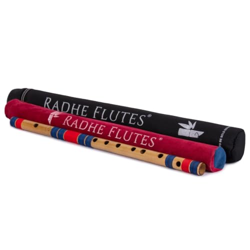 Image of Radhe Flutes Bamboo Bansuri C Sharp Right Handed Middle Octave (18 inch) With Hard Cover (Beige Flute With Dark Blue & Red Threads)