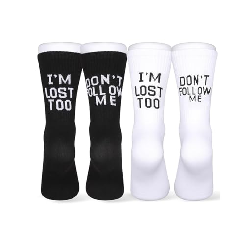 Silent-Qiaoyou 2 Pièces Chaussettes de Vélo pour Hommes et Femmes, Sport Avec le Mot Don't Follow Me I'm Lost Too, Drôle 36-45 Blanche Noire, pour le Vélo et la Marche