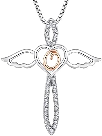 FJ Letter Initial Necklace 925 Sterling Silver Guardian Angel Necklace Alphabet Personalised Pendant with Cubic Zirconia Jewellery Gifts for Women Girls
