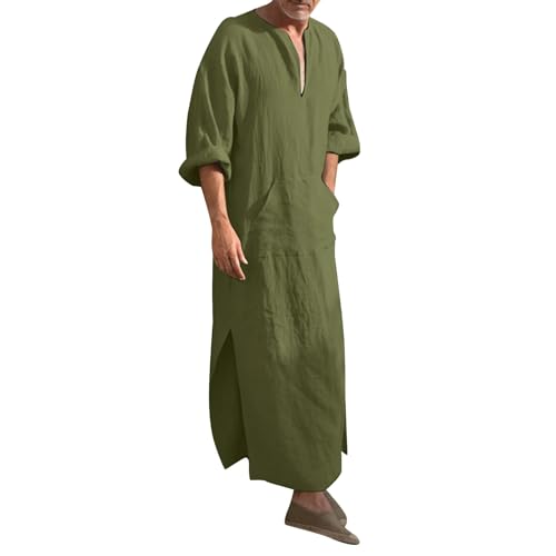 Mens Robe Long Sleeve Thobe Casual V Neck Gown Mens Kaftan Robe D-Green