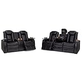 Seatcraft Omega Leather Gel Home Theater Furniture | Power Headrest, Power Recline (Sofa with Fold-Down Table & Loveseat with Storage Console, Black)