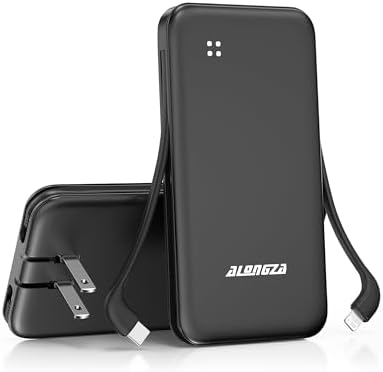 Alongza Portable Charger Built-in Cables and AC Wall Plug, Slim Fast Charging Power Bank 10000mAh, Lightweight USB C External Battery Pack Compact Travel Cell Phone Charger