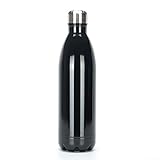 Botella de agua aislada de acero inoxidable de 1 litro, botellas de agua con aislamiento elegante, mantiene el calor y el frío, tapas 100% a prueba de fugas (negro, 1 L)