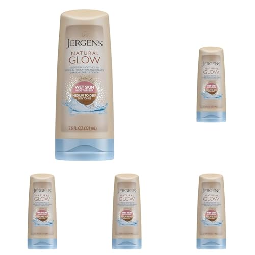 Image of Jergens Natural Glow In Shower Lotion, Self Tanner for Medium to Deep Skin Tone, Sunless Tanning Wet Skin Lotion for Gradual, Flawless Color, 7.5 Ounce (Packaging May Vary) (Pack of 5)