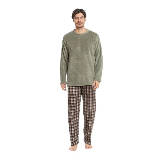 TRAMAS+ Pijama Hombre de Invierno, Pijama de Coralina con Manga Larga Polar y Pantalón Largo, Conjunto de Ropa para Dormir Cómodo y Calentito - L, Cuadro Frankfurt Verde Verde