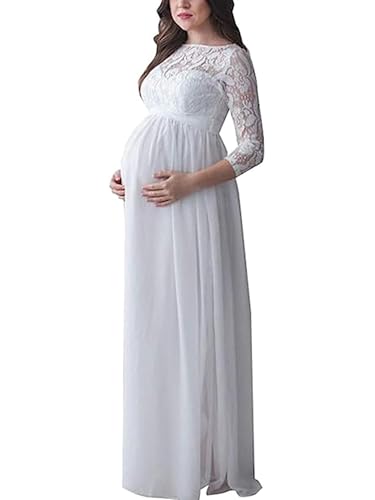 Fiacafyo Vestido de maternidad para fotografía, color sólido, con encaje y hombros descubiertos, vestido de gasa con abertura frontal, maxi vestidos de embarazo para sesión de fotos, A-blanco, L