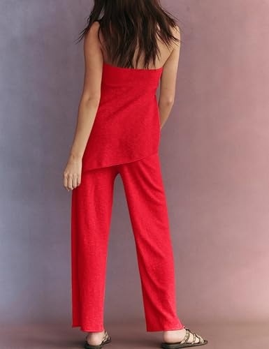Image of Women Summer Knit Sweater Sets Sexy Tube Top and Loose Pant Lounge Matching Set 2025 2 Piece Outfits Red