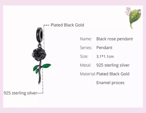 Abalorio de rosa negra compatible con pulsera Pandora plata 925 5