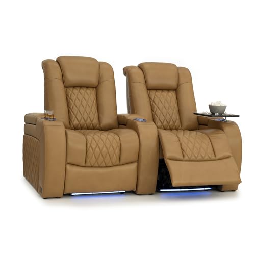 Image of Seatcraft Diamante Tan Oak Italian Leather Home Theater Seating, Zero Gravity Power Recliner Gaming and Home Office Chair, Powered Headrest Lounge Sofa Furniture for Cinema Room, Row of 2