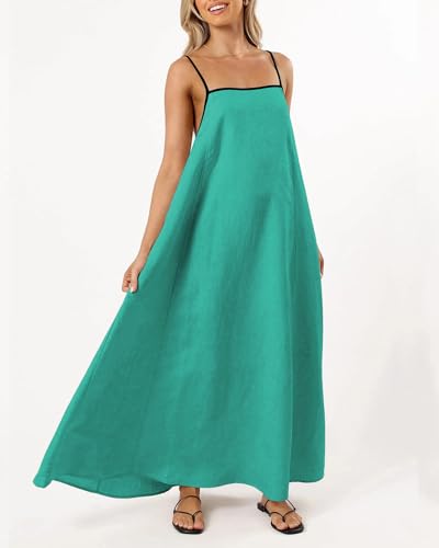 Image of Senllen Women's Linen Dress Summer Loose Flowy Sundress Contrast Spaghetti Strap Sleeveless Backless Beach Maxi Long Dresses