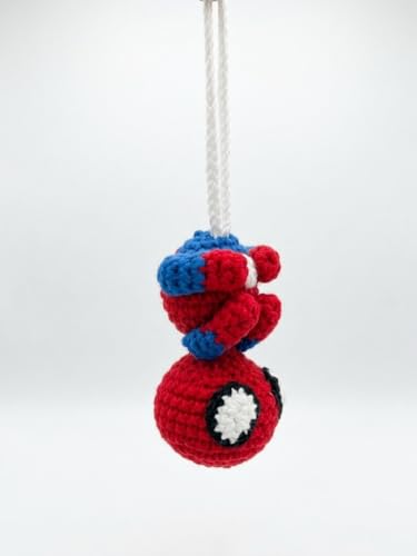 Image of Handmade Crochet Spiderman Car Charm, Red and Blue, 11.5cm x 6.5cm, Gift for Him