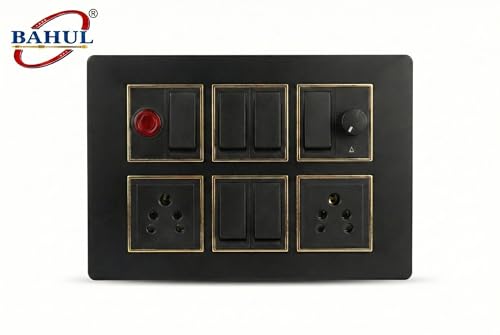 Image of Wall Board with 6 Switches, 1 Fan Regulator, 2 x 5A Sockets and 1 Indicator, Black with Gold Trim, 8x6x2 Inch