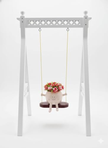 Image of KSV Enterprises Decorative Hanging Planter Pot with Swing Shelf, White Resin Smiling Face Design, Indoor Garden Decor for Artificial Flowers