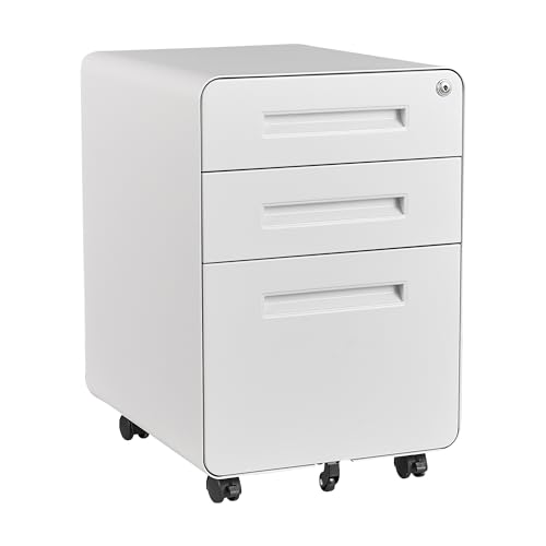 STANI 3 Drawer Filing Cabinet, Metal Filing Cabinet Legal/Letter Size with Lock, Mobile Storage Cabinet for Home and Office, Fully Assembled Except Wheels White