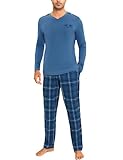 Litherday Pijama Hombre Invierno Algodon Manga Larga Conjunto de Pijama con Top Cuello V y Largo Pantalones a Cuadros