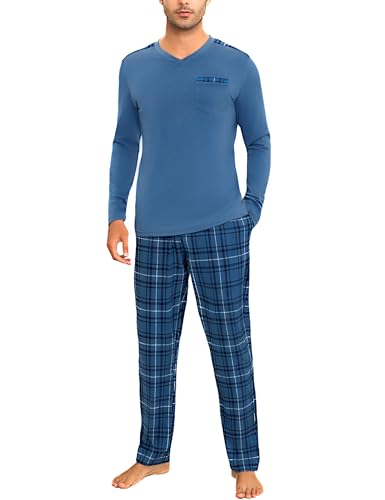 Litherday Pijama Hombre Invierno Algodon Manga Larga Conjunto de Pijama con Top Cuello V y Largo Pantalones a Cuadros