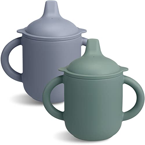 Image of Yaomiao Silicone Sippy Cup Training Cup for Baby over 6 Months Spill Proof Soft Sprout and Handles Lid Baby Cup for 6-12 Months Babies Toddlers Infants, 6 Oz/ 180 ml(Blue, Light Gray)