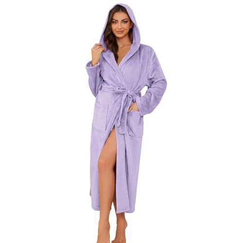 Image of Womens Long Hooded Fleece Robe, Soft Warm Spa Bathrobe for Cozy Lightweight Loungewear