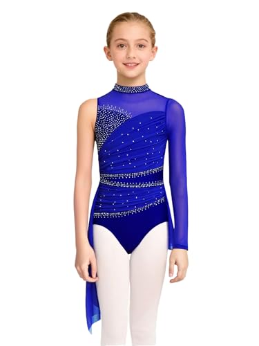 Agoky Vestido Brillante De Danza para Niña Maillot De Manga Larga De Patinaje Artístico Vestido De Bailarina Actuación Azul Real 13-14 años