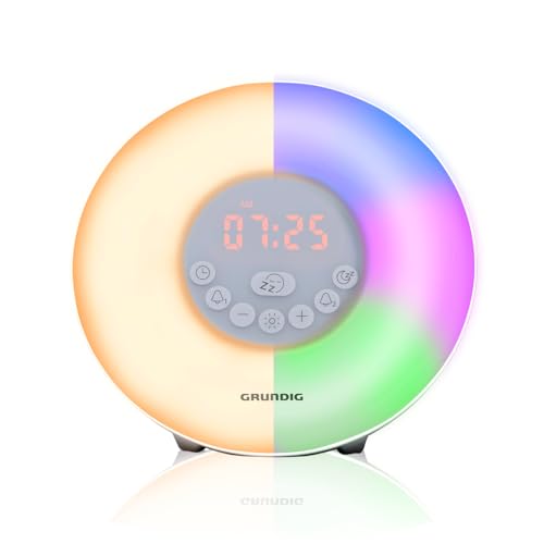 Grundig Réveil Lumineux avec Radio FM - Lampe Réveil avec Simulation d'Aube - 10 Sons Naturels et Éclairage LED Coloré - Fonction Snooze et Minuterie, Blanc