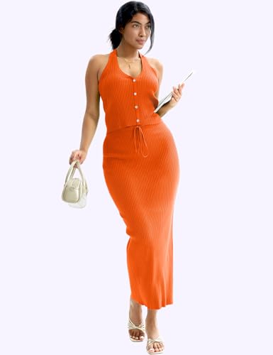 Image of CHERFLY Womens 2 Piece Outfits 2025 Summer Sweater Skirt Sets Halter Top Midi Bodycon Dress