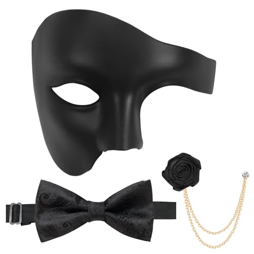 Hyperfun Experience Masquerade Mask for Men Phantom of The Opera Mask Half Face with Bowtie Brooch for Halloween Mardi Gras Party