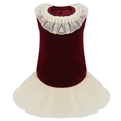 Dog Velvet Dress Lace Tulle Tutu Outfit Skirt With Pearls Accessory For Small Medium Girl Dogs Christmas Holiday Wedding Birthday Party (Red, M) #TOP28