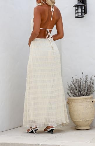 Image of Argeousgor Women Halter Neck Backless Summer Dresses 2025 Sleeveless Tiered Ruffle A-Line Flowy Cocktail Party Maxi Dress