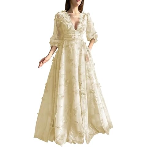 PEIYJYUSP Champagne V Neck Prom Dresses Long Ball Gown for Women 3D Butterfly Tulle Princess Dress Puffy Sleeve Wedding Dress with Pockets US8 Cover