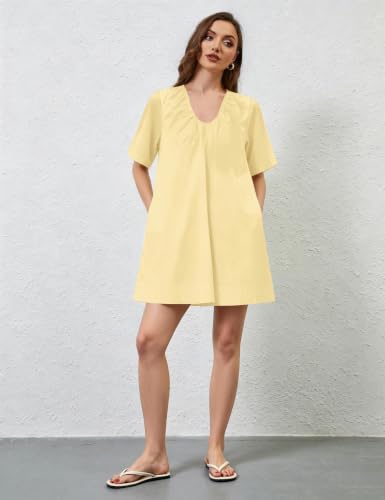 Image of Women Summer Sleeveless Babydoll Mini Dress Scoop Neck Loose Fit Tank Dresses Party Ruched Short Dress with Pockets