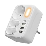 KJK Prise USB Multiple, Multiprise avec Veilleuse 7 en 1 Prise USB, 3 Prises Murals 3 Ports USB-C et 1USB-A ,Adaptateur 16A/230V 3500W Chargeur pour Domicile Bureau Voyage Compatible avec Portable