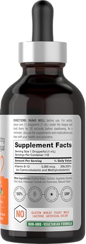  Horbaach B12 Vitamin 5000 mcg Sublingual Drops for Energy Boost and Brain Health | 4 Fl Oz | Methylcobalamin & Cyanocob
