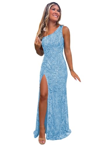 TXDBB Sequin Prom Dress Light Blue Mermaid One Shoulder Evening Party Gown with Slit Size 4